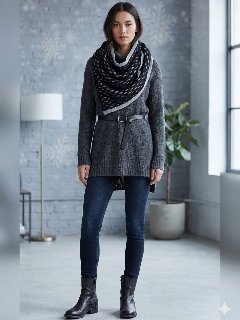 Michael Stars -Black Open-Knit Scarf with Gray Lining